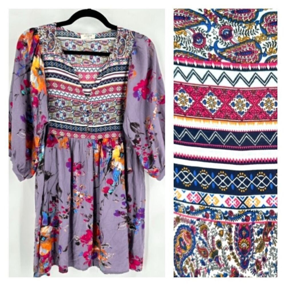 Umgee Women's Floral Paisley 3/4 Sleeve V-Neck Peasant Tunic Dress Purple Medium